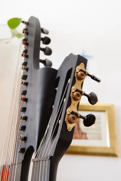 Kopf einer Kontragitarre mit Bassmechaniken